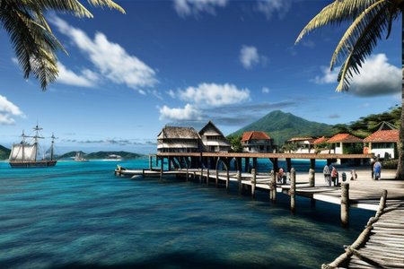 (masterpiece:1.2), (best quality,:1.2), 8k, HDR, ultra detailed, ((photorealistic)), perfect anatomy, pire, ship, pier, over looking a harbor in the caribbean, noon