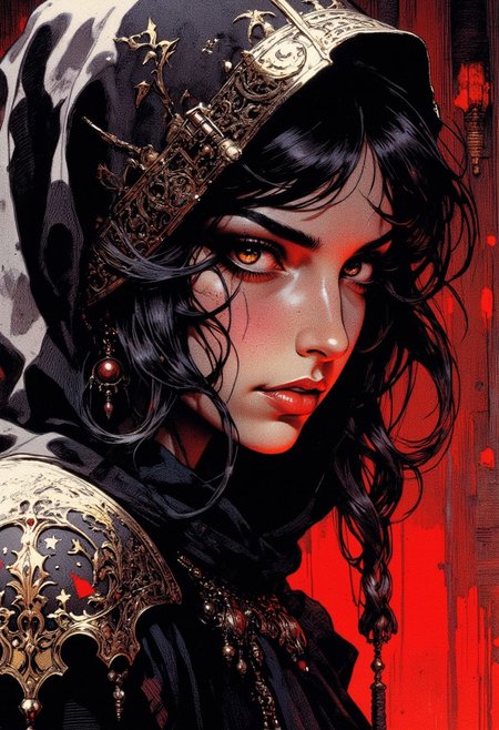 digital painting of a hauntingly beautiful woman with pale skin and dark, wavy hair in a three quarter side view close up shot. Her face is framed a dark intricately ornamented hood, creating a gothic, otherworldly appearance. She has intense, piercing eyes and a solemn expression. The background is a deep, fiery red, enhancing the dark, eerie atmosphere. The lighting is low, casting dramatic shadows that emphasize her haunting allure. The image is viewed from a slightly low angle, making her appear dominant and mysterious. The overall style is dark fantasy and retro horror art.