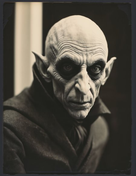 highly detailed and hyper realistic dynamic 35mm photo of Nosferatu, monochrome, 30s style, shot on polaroid film, cinematic still frame, film grain, shallow depth of field, creepy, crouched, faded colors, vintage, motion blur, high contrast, deep shadows, highly detailed and hyper realistic