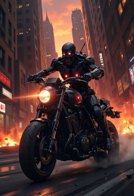 nistyle, a_skynet_cyberdyne_craft, the image is featuring a terminator endoskeleton riding a Cyberdyne superbike with a skull mounted on the handlebars, adorned with intricate, metallic details, including bolts, wires, and mechanical components, giving it a highly advanced, industrial military look, red lights and diodes.  He is riding at extreme speed down a narrow cyberpunk alleyway, extreme motion blur on the background and wheels emphasising the extreme speed, sunset, chiascuro