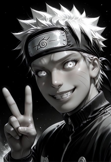 SmoothNoob_Quality, (greyscale:1.5), 1boy, uzumaki naruto, naruto shippuuden, portrait, upper body, bandana, happy, smile, glowing eyes, spot color, black and white,v, dynamic angle, looking at viewer, black background  <lora:Mature_Comics_Style_-_NoobAI:1>,​​​