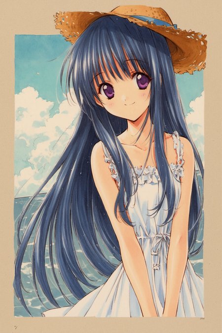 1girl, solo, hat, dress, day, straw hat, long hair, sundress, sky, blue hair, purple eyes, cloud, black hair, smile, white dress,traditional media,<lora:Aoi Nanase_XL:0.9>,