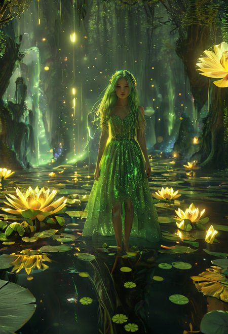 (hyper detailed:2), (ultra sharp focus:2), hyper textured, 
score_9_up,score_8_up,score_7_up,(masterpiece),(best quality),hyper detailed, girl dryad, gorgeous, puffy lips,
tiny waist, gorgeous streaked wavy hair, perfect body, legs, soles, beautiful eyes, looking at viewer, blushing,
magical garden , glowing fairies, glowing flowers, pond with waterlilies, sacred grooves, moss covered trees , night, glowing water lilies,
insane detailed, sharp focus, 
(glowing dots:2), (glowing particles:2),(glowing green dots:2), (glowing green particles:2), (glowing fish:2),
(glowing water lilies), (glowing hair),
photorealistic,  (masterpiece:1.8), (highest detailed:1.8),(angle:1.5), pov, perfectly lighted, (contrast), (saturated), (((sharp focus))), realistic,
<lora:add-detail-xl:2> <lora:glowneon_xl_v1:2>