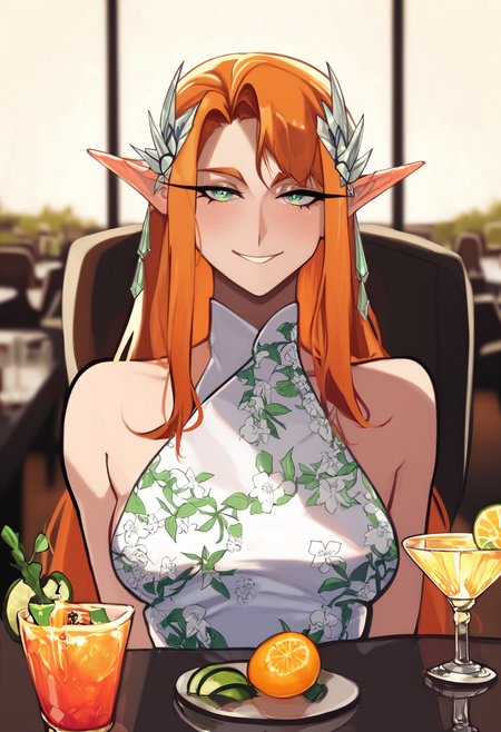 score_9, score_8_up, score_7_up,
1girl, pointed ears, elf, long hair, orange hair, green eyes, light smile, hair ornament, satin dress, cocktail dress, floral print, 
 pov across table, pov dating, sitting, smile, food, cup, upper body, restaurant, fruit, chair 
<lora:Anrosmas_Style:1>, anrosmas