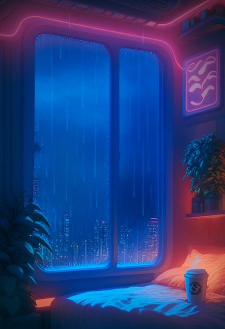 score_9,score_8_up,score_7_up,score_6_up, 
steaming coffee cup on windowsill, plants on the windowsill, wall of plants, monstera plant, large plant, tidy bedrrom, small room, cramped bedroom, teddies on the bed, cyberpunk city view out of the window, neon light, purple neon lights, rain, rain outside, rain on the window, rain only in the window frame, rain only outside, cat sleeping on the bed, cat on the bed