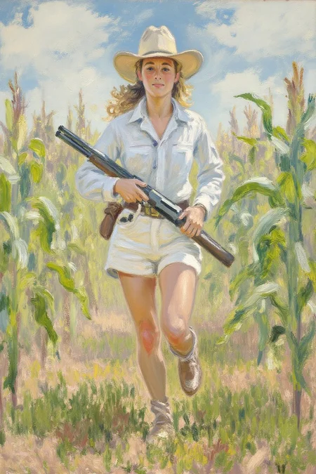 claudemonet1 painting of a blonde cowgirl in white short shorts running in a corn field, She is wearing a cowboy hat and holding a shotgun. <lora:claudemonet1_cap_d8a4e12:1.0><lora:843164683931408562:0>