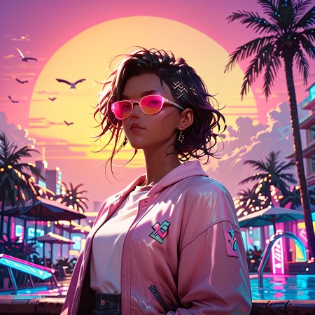 synthworld, synthwave, girl, cyberpunk, dark skin, hoodie, pink sunglasses, neon, sunset, palm trees, sun, pony_lazyup, pony_zPDXL3, score_9, score_8_up, score_7_up, s masterpiece, very aesthetic, absurdres, <lora:pony_synthworld_V2:1.0>