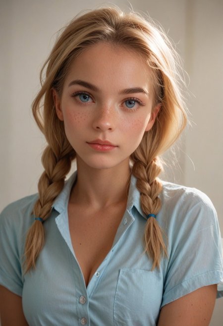score_9, score_8_up, score_7_up, score_6_up, 
(Photorealistic, real photo,  realistic),  
1girl, 18yo, beautiful cute face, 
blonde hair, braids, 
ice blue eyes, freckles, tan skin, 
perfect medium breasts, 
hips, 
wearing button up shirt