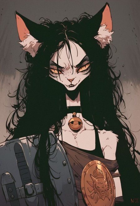 score_9, score_8_up, score_7_up, (cat girls), dystopian future, in a big gladiator arena, anthro, skinny, character portrait, holding a sword and shield, fierce and raging, long hair, choker, oversized clothes, dutch angle, alternate hairstyles, growling