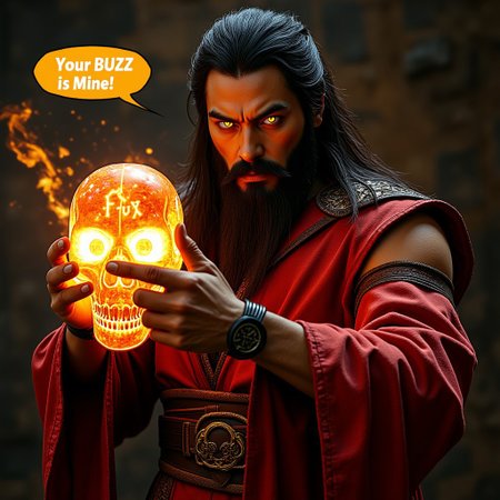 Shang Tsung from the Mortal Kombat Movie 95 holding a skull glowing with energy, with the word "Flux" on it, pointing aggressively at the viewer with a dialogue window where he says "Your BUZZ is Mine !"