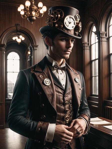 man wearing a mad-stpk-ht and tuxedo, steampunk,  office, Victorian architecture,  <lora:Gearbound_Steampunk_Chic_2_SDXL:0.9>, raw photo, film grain, Fujifilm XT3, (photorealistic, realistic:1.2), deep shadow,  8k, uhd, dslr, ultra high res
