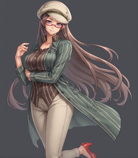 score_9, score_8_up, score_7_up, score_6_up, score_5_up, score_4_up, BREAK source_anime,
1girl, solo, 
<lora:Misty:0.9>, Misty, dark brown hair, long hair, purple eyes, red glasses, large breasts, cabbie hat, pinstripe coat, green sleeves, capri pants, red high heels, 
simple background, black background, looking at viewer, cowboy shot, smile, standing,
<lora:Racoonkun_Artist_Style:0.6>, racoonsan,,