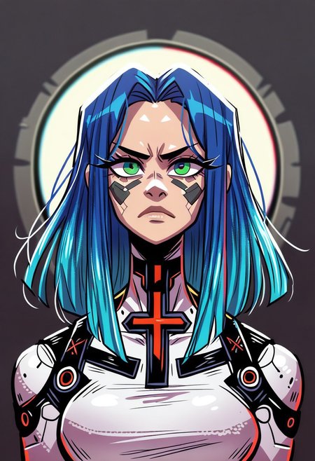 <lora:OC_Rae_Character_LoRA_PonyXL:1>
score_9, score_8_up, score_7_up, score_6_up, 1girl, BREAK,
 Ra3lyn,  Cyberpunk Style, masterpiece, best quality, good quality, very aesthetic, absurdres, newest, 8K, depth of field, half-face demon, focused subject, portrait, dynamic angle, action shot, 1girl, solo, medium hair, split hair, split-color hair, two tone hair, blue hair, red hair, (low-tied_long_hair), front locks, twin locks, front locks, white clothing, looking at viewer, fierce look, organic, the cyborg is very sinister and dangerous, cross_draw, glowing katana, thermal katana, sword_draw, iaido, one_hand_on_sheath, unsheathing, duality, light and shadow, dark and bright
in the style of cksc, zPDXL <lora:PonyXL_Teelokay_Style_LoRA:0.8>