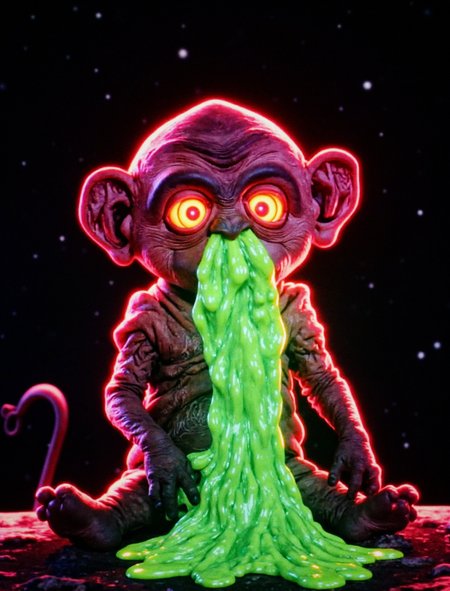Nukie the knockoff alien is radioactive glowing red as profuse quantities of gooey green snot gush from his faucet nostrils, Christmas  hologram floating in space, a vibrant digital illustration, dribbble, quantum wavetracing, black background, behance hd