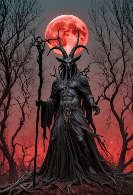 In a clearing surrounded by tall ancient oaks, the dark mage Baphomet, Satan's goat, raises his staff, carved from a twisted branch, towards the blood-red harvest moon. Dark energy pulses from the staff, twisting through the air. His smirk reveals sharp teeth.
450 dpi, 4K resolution, alcohol ink splatter, perfectly calibrated composition, rule of thirds
