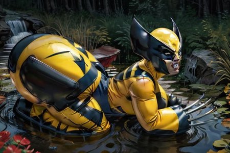 (pooltoy:0.9), floating on pond, canadian wilderness  masterpiece ,best quality, side view, full body, sideview, short, (wolverine costume), wolverine mask, butch woman, solo, (wolverine claws:1.1) superhero, breasts