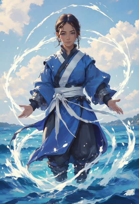 This is a digital drawing in a stylized, semi-realistic anime-inspired art style. The scene depicts Katara, a young woman with a warm, inviting smile
Katara has light brown skin and light blue eyes. Her hair is brown. She is looking directly at the viewer, stands in the water,
She is dressed in a traditional blue robe with a white sash tied around the waist, digital illustration, DreamArt, A powerful and graceful waterbending heroine, an alluring vixen, inspired by Katara from the Avatar series,She stands in a dynamic action pose, surrounded by swirling gusts of water, The setting features vibrant skies, with the wind creating intricate patterns in the air around her, emphasizing her connection to nature and the elements