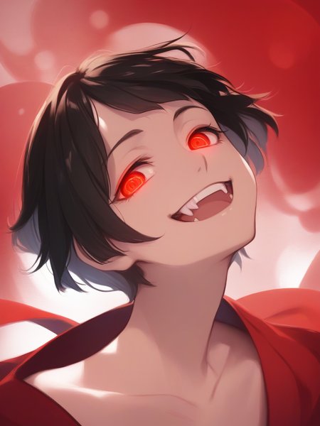 Minimalist style score_9, score_8_up, score_7_up, score_6_up, score_5_up, score_4_up, source_anime, source_cartoon,
1boy, (shaft head tilt), <lora:shaft_head_tilt-PD-1.0:1>,
short hair, black hair, open mouth, abstract background, red theme, glowing eyes, fangs, grin, monogatari \(series\),
 . Simple, clean, uncluttered, modern, elegant