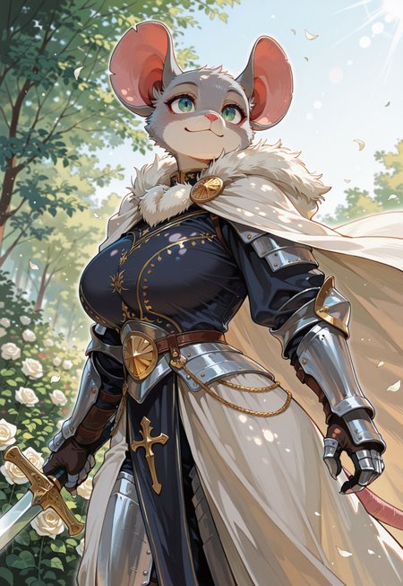 newest, very aesthetic, 
 score_9, score_8_up, score_7_up, high quality, newest, highres, close up, 1 ratgirl, 1 girl, fur around neck, armored, female knight, gray fur, royalty, (furry), curvy, bashful, very short hair, daylight, day, rat tail, rat ears, (huge breasts), holding sword, pose, battle pose, attacking with sword, dynamic angle, dynamic pose, slight smile flowing cape, facing viewer, countershade fur, bokeh, dappled light, from side, wrapped in shear cloth, curvy, seated, focused gaze, (flowing cloak),  glamorous armor, (large breasts:2), detailed background, (white rose garden),  
,sunny lighting, bokeh, thin white outline, (sharp detail), masterpiece ,amazing quality, (intricate details:2) 