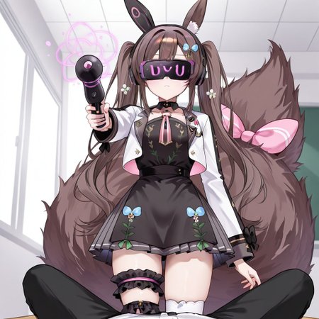 highres, masterpiece, best quality, very aesthetic, absurdres, (1girl),1boy, chigusa hana, virtual youtuber, long hair, brown hair, twintails, animal ears, , hair ornament, cropped jacket, long sleeves, white jacket, collar, flower, black dress, pleated skirt, large tail, bridal garter, striped, single thighhigh, asymmetrical legwear, tail bow empty eyes,  expressionless, school, classroom,  looking at viewer, (memetic_control), pov_sub, (hypnotized_hypnotist),, (hypnotized_dom), (enemy_conversion), resisting, zkovisor,hypnotic visor, headphone, rabbit ears, :),,  femdom, stepped_on,male sub, ray gun, aiming_at_viewer, (hypnotic_beam), (hypnotic_accessory)(kronobas28,),