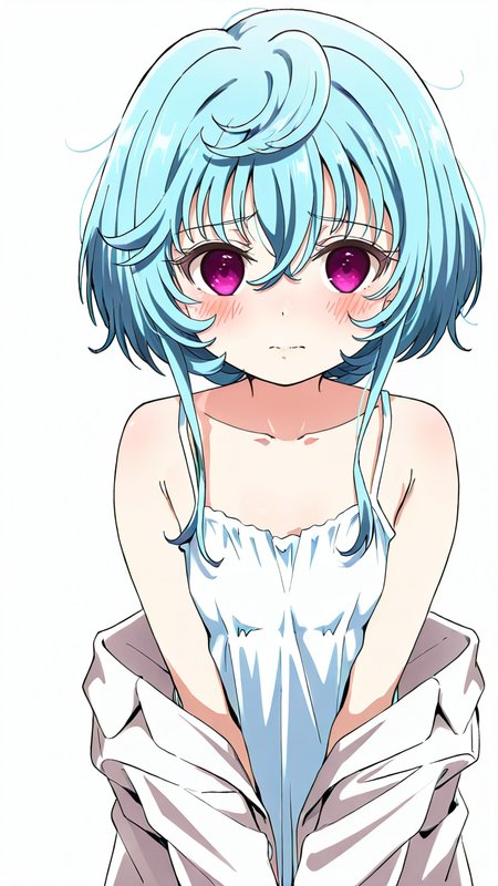 white_background,simple background,1girl,solo,full_shot,looking_at_viewer,<lora:Maryberry_Illustrious_v10:1>,Maryberry,blush,anime screenshot,sincos,looking_up,labcoat,camisole,oversized_clothes,shy,white camisole,, masterpiece, best quality
