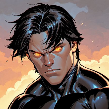<lora:VULCAN:1>
vulcan, solo, looking at viewer, short hair, black hair, 1boy, closed mouth, upper body, yellow eyes, male focus, outdoors, sky, cloud, orange eyes, muscular, bodysuit, frown, glowing, muscular male, cloudy sky, portrait, glowing eyes, angry, serious, realistic, black bodysuit, manly, curtained hair, two-tone bodysuit, cheekbones, superhero
, motion blur, film grain, abstract, natural lighting, tilted angle, fantasy, cinematic, dynamic view, very awa, masterpiece, best quality, absurdres, newest, perfect quality, detailed background, intricate details, (artist:fl \(l-fl\):0.7), (artist:tooboshoo:0.7), (artist:dizdoodz:0.8)