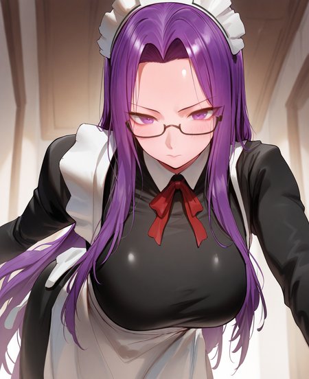 <lora:rororoC:1> rororo,
(masterpiece), (best quality), (ultra-detailed), amazing quality, very aesthetic, illustration, perfect composition, intricate details, absurdres, incredibly absurdres, shiny skin, realistic,
 rororo, 1girl, breasts, long hair, solo, purple hair, glasses, maid headdress, purple eyes, large breasts, looking at viewer, long sleeves, apron, maid, forehead, black dress, very long hair, dress, white apron, sidelocks, ribbon, parted bangs, red ribbon, closed mouth, blush, maid apron, enmaided, neck ribbon, official alternate costume, framed eyewear, leaning forward, alternate costume, sensitive