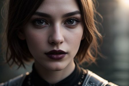 masterpiece, best quality, (colorful), cinematic lighting,  realistic,  besides the dark waters of a misty fjord, beautiful, wavy dark hair, plate armor, 
dynamic pose, extremely detailed, beautiful detailed face, medium breasts, braless, no bra, cleavage, nipslip, at dusk, slanted sunrays, pale skin, detailed skin, dark makeup, black mascara, black lipstick, EyeDetail, perfect detailed eyes, long eyelashes, black eyeliner, kawaii makeup , subsurface scattering, remarkable color, ultra realistic, textured skin, remarkable detailed pupils, realistic dull skin noise, visible skin detail, skin fuzz, dry skin, bokeh, sharp focus on subject,