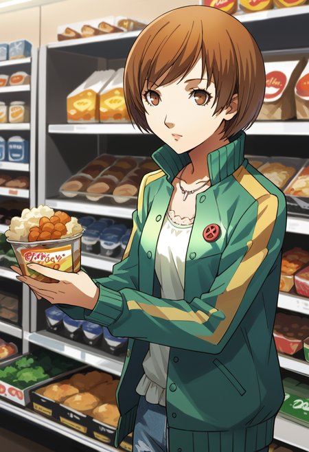 score_9, score_8_up, source_anime
1 girl, solo, cute face,
p4chie, satonaka chie, short hair, brown hair,
p4chie-wincas, jewelry, pendant, jacket, open jacket, green jacket, white shirt, track jacket, jacket, button badge, miniskirt, denim skirt, boots, 
indoors, grocery store, shopping,
masterpiece, best quality, ultra detailed,