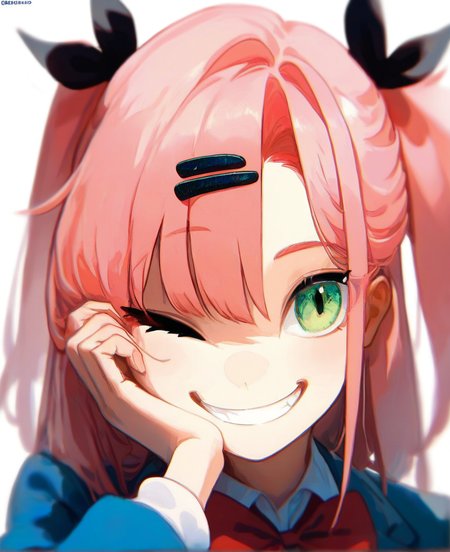 score_9, score_8_up. score_7_up,  <lora:noelle_roa:1> noelle_roa, 
 score_9, noelle_roa, 1girl, one eye closed, smile, green eyes, hair ornament, looking at viewer, pink hair, red bow, hairclip, white background, hair ribbon, white shirt, simple background, red bowtie, grin, long sleeves, long hair, upper body, jacket, black ribbon, hand on own face, hand on own cheek, two side up, school uniform, twitter username
