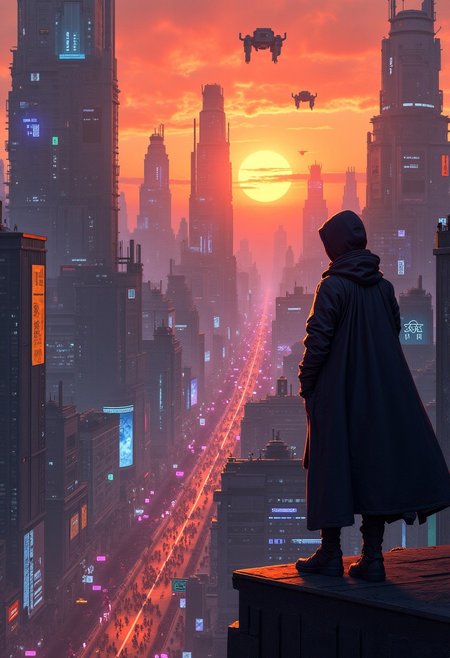 futuristic cityscape, sunset, panoramic view, neon-lit buildings with towering skyscrapers, glowing billboards, flying vehicles in sky, bustling streets filled with humans and humanoid robots, lone figure in hooded cloak, upperbody, looking over city from rooftop edge, solemn expression, soft orange and purple light casting warm shadows, intense atmosphere, feeling of solitude amidst chaos