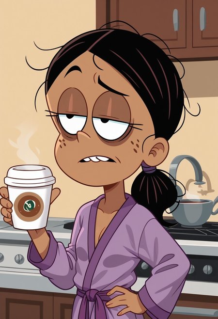 score_9, score_8_up, score_7_up, score_6_up, 1girl,solo,best quality,4k,
dark tan skin, black hair, hair down, messy hair, freckles on her cheeks, two buck teeth,show accurate, perfect anatomy, four fingers,
 indoors, kitchen background, show accurate, perfect anatomy, perfect hands, wear only purple bathrobe, loose clothes, one hand holding cup of coffee, one hand on hip, perfect hands, bags under eyes, sleepy eyes, loose clothes, eyes half close, small breast,