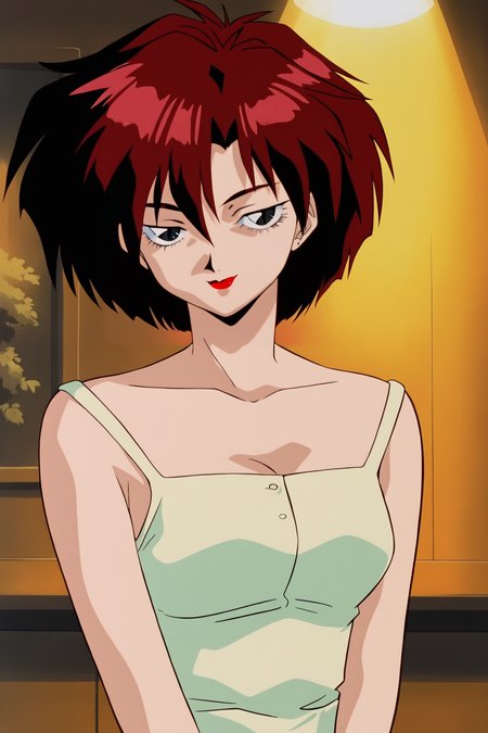 anime screencap,anime coloring,detailed face,masterpiece,best quality,very aesthetic,absurdres,volumetric lighting,official style,amazing quality,ultra detailed,highres,amazing quality,scenery,beautiful detailed hair,beautiful detailed eyes,<lora:Ennil El-IL V1:1>,Ennil El,1girl,solo,red hair,short hair,retro artstyle,1990s \(style\),makeup,red lips,black eyes,breasts,
upper body,looking at viewer,seductive_smile,
bare shoulders,dress,