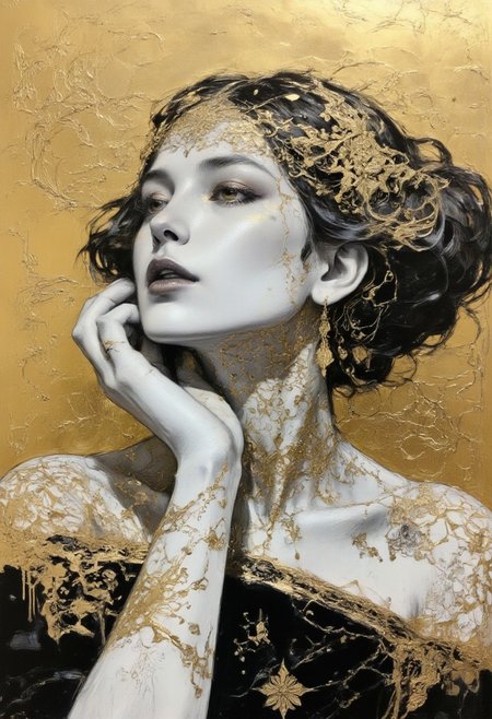 the mirror of life is a reflecting sea of emotions, monochrome and gold, modern fantasy surrealism with intricate textures and complex patterns