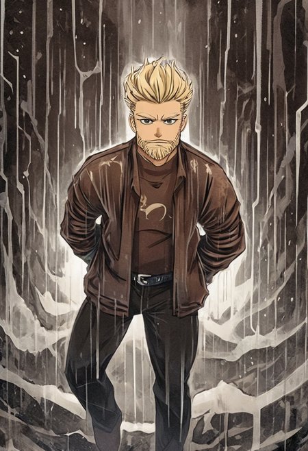 detailxl, high quality, artistic-strokes-style,
(dark artistic blank background:1.3)
(half body shot, looking at viewer, angry, dark:1.4),
(digital-painting, eye contact, looking at viewer, source_anime, traditional art, lineart, DC, man, (blonde hair), short beard, hard eyes, hard face, muscle man, attractive face, rating_safe, zPDXL, sci-fi, space, full body, scars over forhead, future clothing, thick sifi armor, brown sifi cloak cowboy, outlaw, brown cowboy hat, cybernetic eyebach, black pants, rain:1.8),