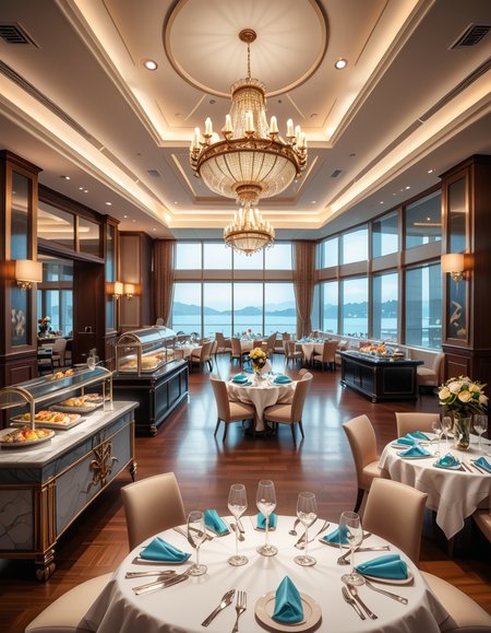 <lora:SDXLFaeTastic2400:0.4> <lora:extremely_detailed:0.4> extremely detailed
A grand and opulent buffet hall with high ceilings, adorned with intricate chandeliers casting a warm golden glow. The hall is lined with long, elegantly decorated tables covered in fine white linen, showcasing an extravagant selection of gourmet dishes. Silver chafing dishes gleam under soft ambient lighting, filled with delicacies such as succulent roasted meats, fresh seafood on ice, and vibrant platters of exotic fruits. Ornate floral arrangements and carved ice sculptures serve as centerpieces, enhancing the grandeur of the setting. In the background, tall arched windows with heavy velvet drapes reveal a breathtaking city skyline. Guests in elegant evening attire mingle, holding fine crystal glasses filled with champagne, adding to the sophisticated and lavish atmosphere.
luxurious buff3t h4ll,  <lora:luxurious_buff3t_h4ll-p:1>, Masterpiece,best quality,hi res,8k,hi res,8k,award winning,(sharp focus, intricate, highly detailed),