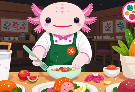 pikaole of, axolotl chef, in a vegan restaurant, preparing plant-based dishes, wearing a green apron, vibrant and healthy ingredients, the axolotls have pink frilly gills and round black eyes