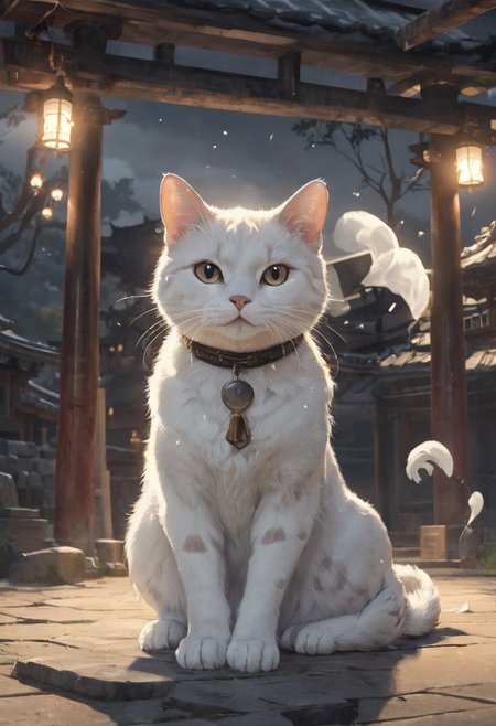 White fantasy Neko glowing with mysterious light under the midnight moonlight, Japanese shrine, Japanese mythology, novel comic graphic style, 2D, 8K, hyperrealism, masterpiece,