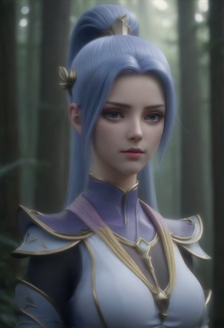 1girl, solo, ponytail, long hair, white background, armor, hair ornament, blue eyes, upper body, simple background, looking at viewer, breasts, blue hair, shoulder armor, lips, closed mouth, high ponytail,Medium shot, Adorable creature with big reflective eyes, moody lighting, best quality, full body portrait, real picture, intricate details, depth of field, in a forest, outdoors, bright day, beautiful lighting, raw photo, 8k uhd, film grain, unreal engine 5, ray tracing <lora:HanYue_SDXL (1):0.6>