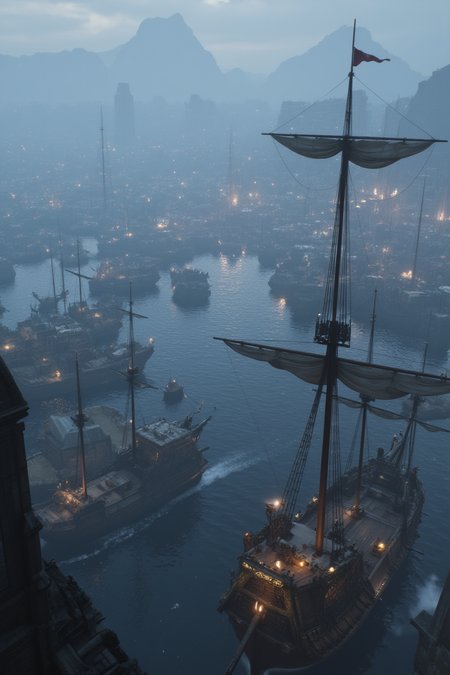 3DGame,The image depicts a panoramic view of a bustling harbor filled with numerous ships of varying sizes and designs. The ships,featuring multiple sails and ornate detailing,suggest a historical or fantasy setting. The harbor is shrouded in a dense fog,adding a sense of mystery and depth to the scene. The water appears calm,reflecting the silhouettes of the ships and the muted light from the sky.,
In the foreground,a large ship with prominent sails and a detailed hull commands attention. Its rigging and masts are intricately designed,indicating a well-crafted vessel. The background reveals a mountainous landscape,partially obscured by the fog,which provides a dramatic backdrop to the harbor. The overall atmosphere is one of quiet activity,as if the ships are preparing for or returning from a voyage. The color palette is dominated by cool blues and grays,punctuated by the warm tones of the ship's wooden elements,creating a serene yet vibrant maritime tableau.,