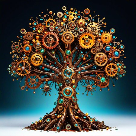 sfw,  dynamic splashes, bright colors, high contrast,  a cybernetic tree made of roast gears bejeweled , hyperdetailed, photorealistic,<lora:challenge\gearstyle-000001.safetensors:0.8500000000000002:0.8500000000000002>