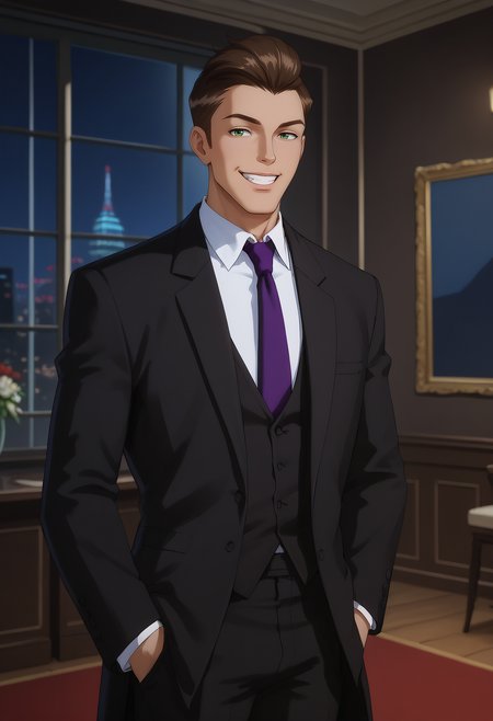 embedding:Pony\Positive\zPDXL3, score_9, score_8_up, score_7_up, 1boy, tad_ts!, green eyes, brown hair, slicked back hair, formal, black suit, purple tie, grin, elegant style, adjust tie, adjust clothes, look at viewer, best quality, high resolution, masterpiece.