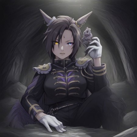 (Naruto_Manda, hybrid snake human, horse tail, sharp teeth, horse ears, ear ornament, single ear cover, horns, heterochromia, purple eyes, yellow eyes, black jacket, epaulettes, aiguillette, long sleeves, white gloves, black pants, eyebrow piercing, ear piercing,((1girl ,1women)) , female,  ),purple religious tunic, sleeves, hood, scaly skin, , green eyes, reptile eyes, inside cave, human bones on floor, jewelry, holding human skull, airshakurprime, low wings,