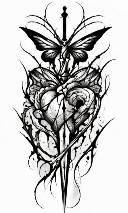 A sword is inserted upright into a heart, 1 a butterfly at the top of the sword,draktattoo,white background <lora:diablo-1119:1>