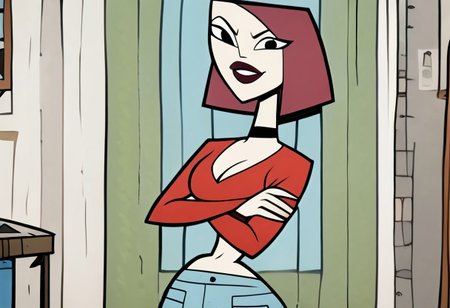 score_9, score_8_up, 2D, 1girl, solo, source_cartoon, cowboy shot, closeup, joan of arc, wide hips, narrow waist, 1girl, solo, solo focus, looking at viewer, choker, black eyes, lipstick, red top, long sleeves, cleavage, crossed arms, standing, midriff, blue pants, green boots, indoors, school <lora:JoanSDXL:1>  <lora:Smooth Anime 2 Style SDXL_LoRA_Pony Diffusion V6 XL:0.65>