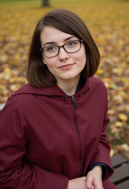 A professional-quality portrait of a young Scandinavian woman with a neat brunette bob cut, wearing stylish glasses, seated on a park bench in an autumn setting. Sheâs dressed in a (wine red raincoat:1.2), with her hands on her lap, surrounded by fallen leaves and warm tones. The woman appears relaxed and thoughtful, gazing off into the distance. (focused framing:1.4) on her, (glasses reflection:1.2) catching soft afternoon light, slight (background blur:0.8) with warm, golden autumn colors