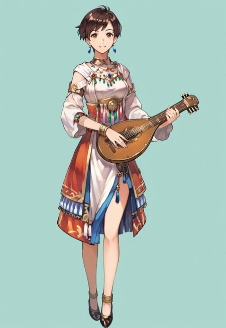 score_9, score_8, score_7, source_anime, bard, 1girl, solo, looking at viewer, jewelry, smile, short hair, standing, full body, medium breasts, holding instrument