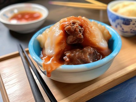 A bowl of translucent Bahuana, a traditional Asian dish, cut open to reveal a rich meat filling, generously topped with thick tomato sauce and viscous gravy. The Bahuana is soft and chewy, with the sauces adding a vibrant color contrast and enhancing the visual appeal. The Bahuana itself is crystal clear, allowing the viewer to peek into its inner filling. The bowl is placed on a rustic wooden table, with chopsticks resting on the side. The scene should be as realistic as a high-resolution photograph, with warm and inviting lighting that highlights the appetizing qualities of the dish and the cozy atmosphere of the setting  ,<lora:bahuana:0.75>,bahuana,