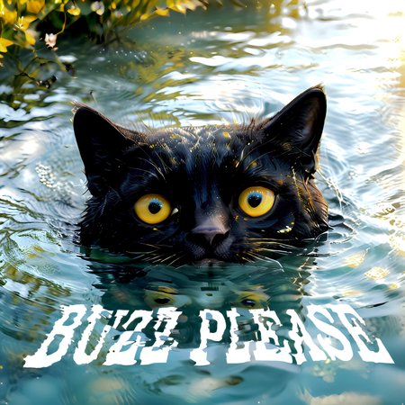 (masterpiece, best quality:1.4), Extremely Detailed, surreal visuals, 8K Ultra HD Wallpaper,  semi-realistic style, stunning stylized poster, a cute scruffy black cat mostly submerged in calm water, Peeking From the Water, wide, pleading yellow eyes, soft ripples surrounding its face, ((the words 'Buzz Please' clearly written in bold, clean, sans-serif font reflected on the water surface, perfectly formed letters with slight distortion from gentle ripples)), muted pastel sky reflected in the water, soft lighting, serene and minimalist composition, detailed fur, intricate reflections, with artistic charm, sharp focus, cinematic composition, vibrant colors, cinematic color grading, depth of field, midjourneyv6.1, SimplePositiveXLv2.