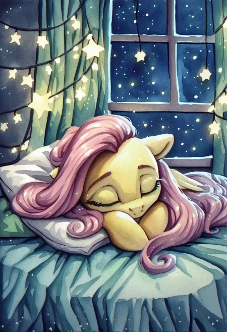 score_9, score_8_up, score_7_up, score_6_up, score_5_up, score_4_up, rating_safe, fluttershy, female, mare, pegasus, pony, solo, bed, cute, fairy lights, g4, neon, night, pillow, precious, sleeping, stars, window, shyabetes, sweet dreams fuel, watercolor painting, traditional art, detailed, beautiful, <lora:MLP_Watercolor_Painting_v1-000006:1>